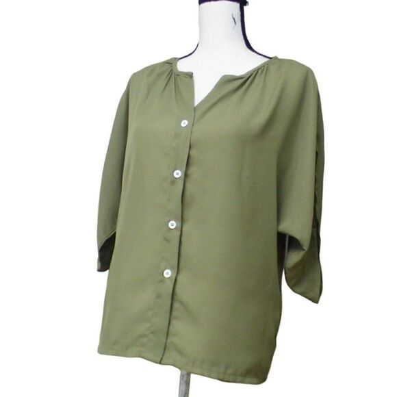 Shein Women’s Button Down Chiffon Blouse,S, Olive - Picture 3 of 8